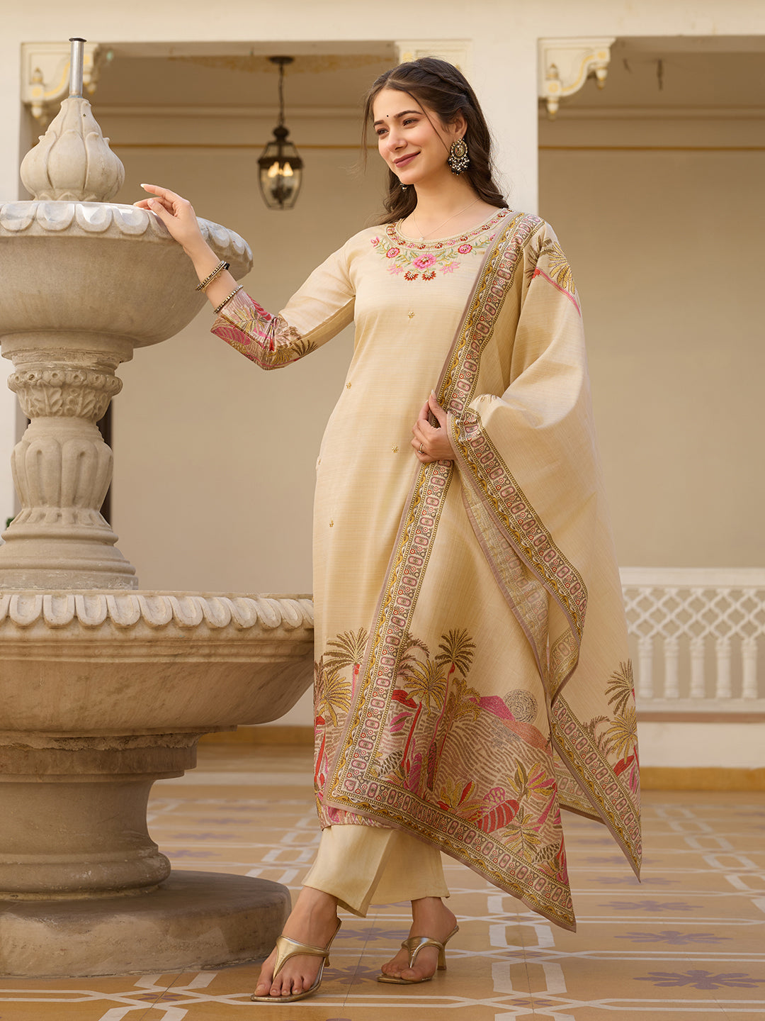 Beige Embroidered Kurta Set with Printed Dupatta