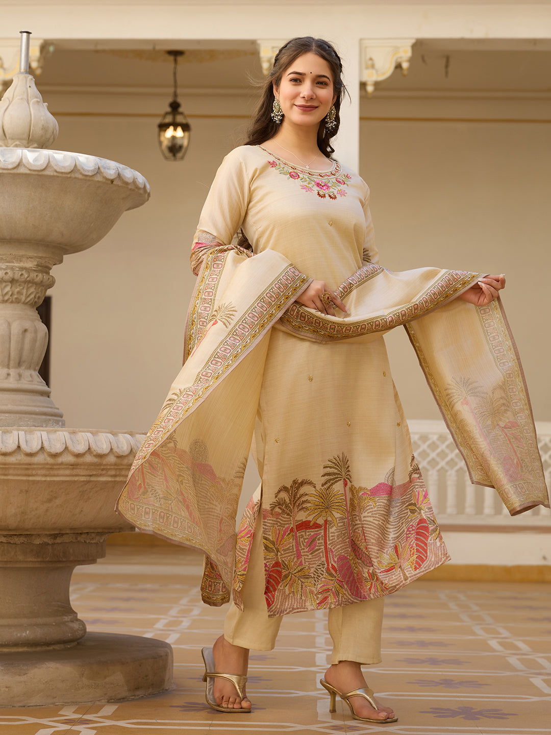 Beige Embroidered Kurta Set with Printed Dupatta