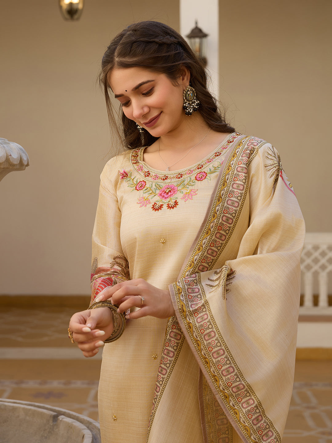 Beige Embroidered Kurta Set with Printed Dupatta