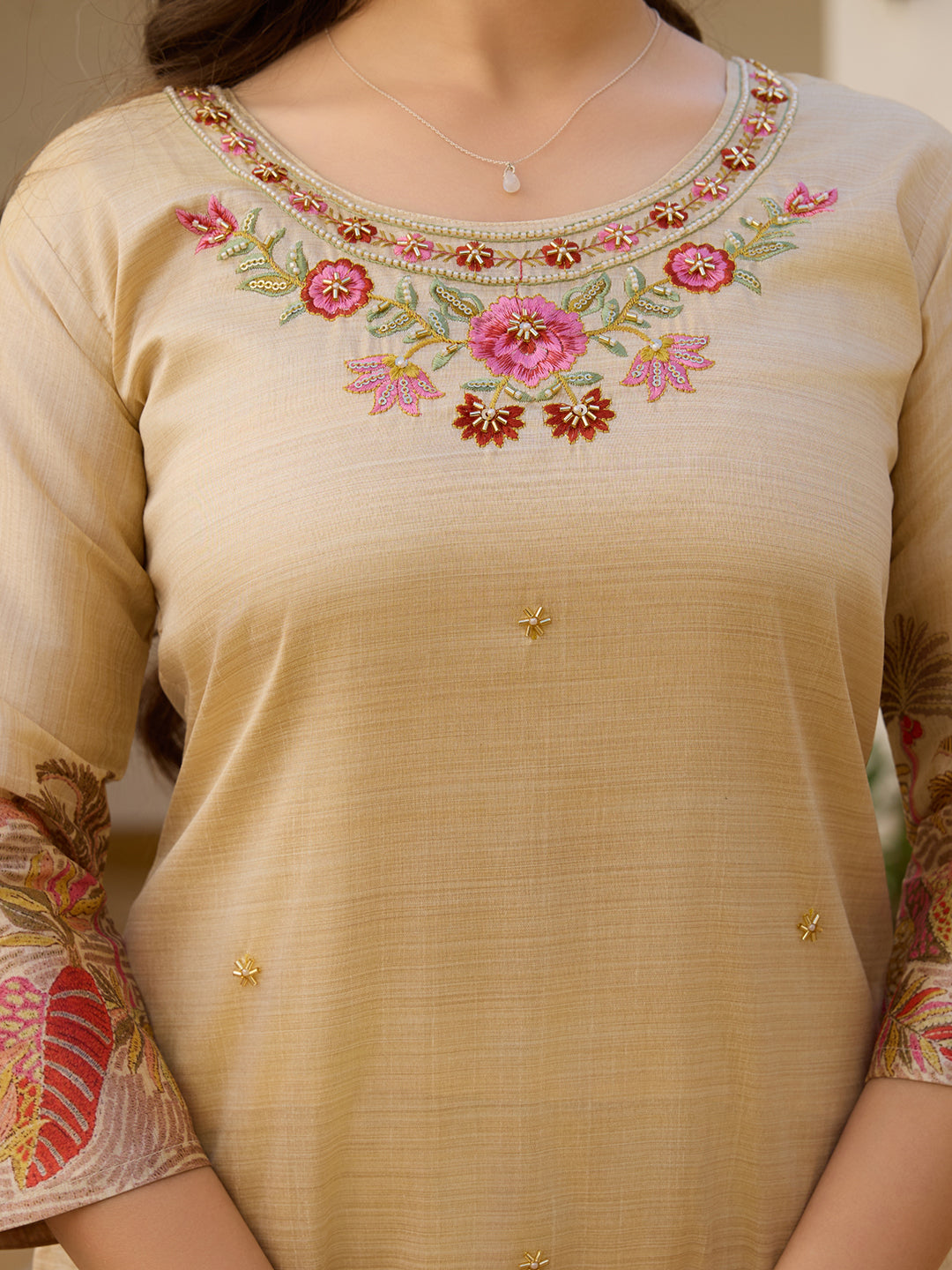 Beige Embroidered Kurta Set with Printed Dupatta