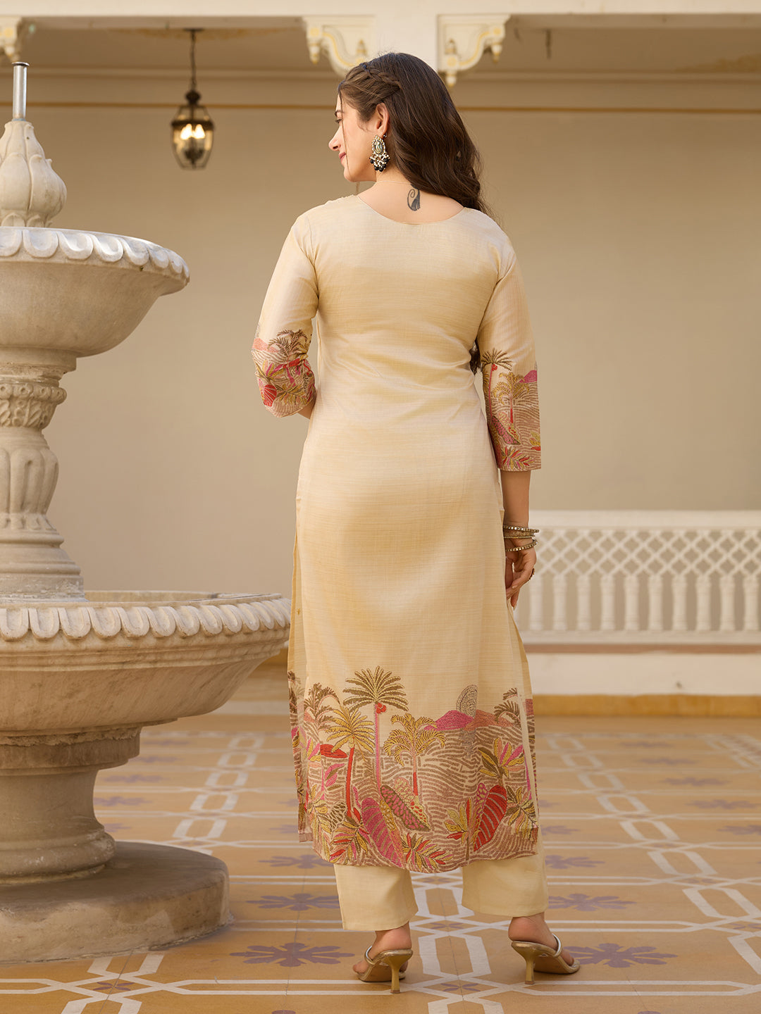 Beige Embroidered Kurta Set with Printed Dupatta