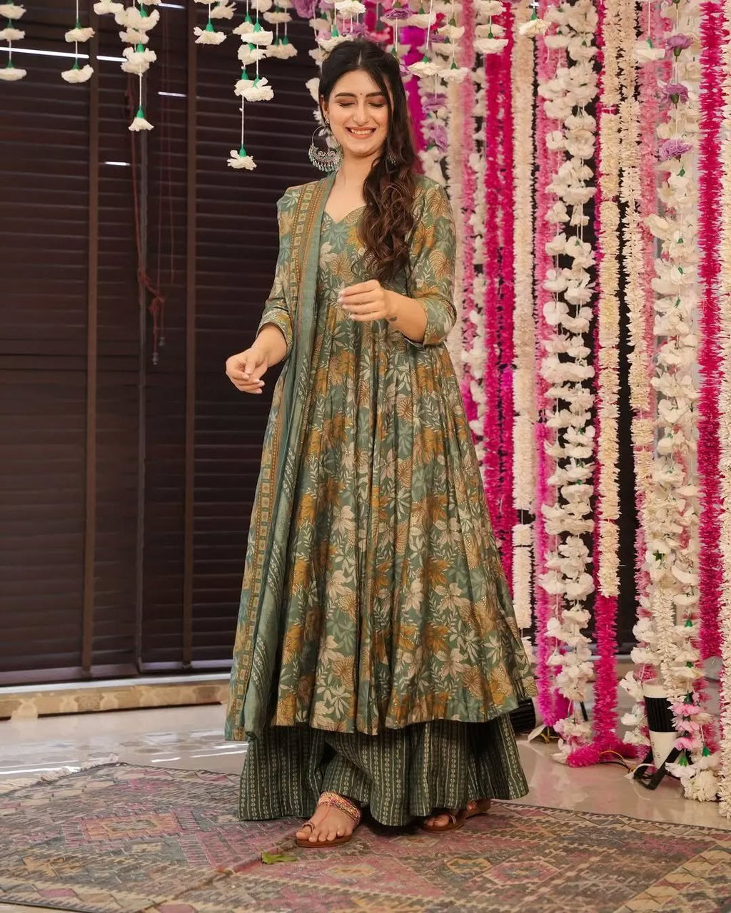 Elegant chanderi cotton floral anarkali suit in sage green, featuring a flared kurta, palazzo, and printed dupatta
