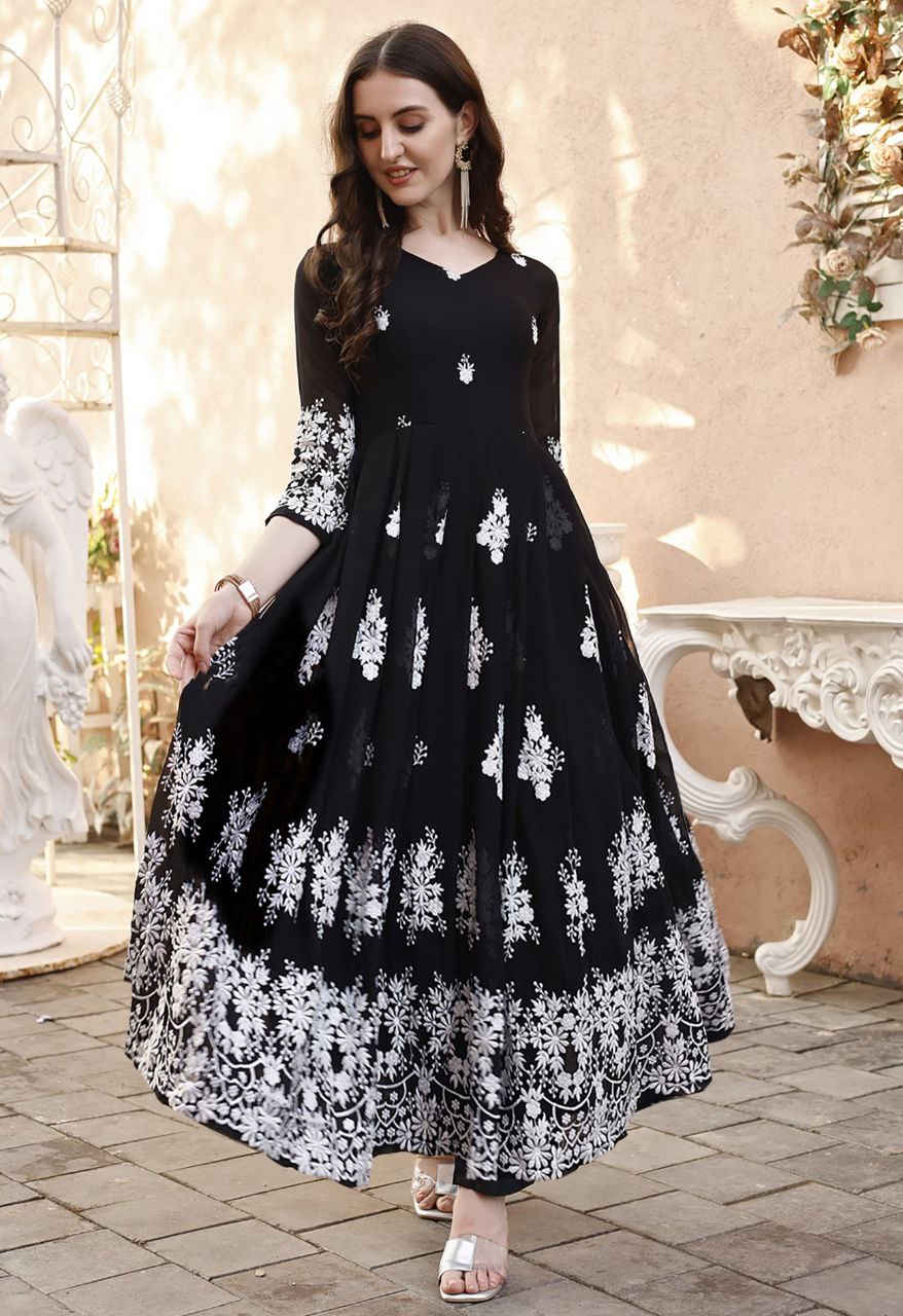legant black anarkali kurta set featuring designer white chikankari style embroidery work, perfect for parties.