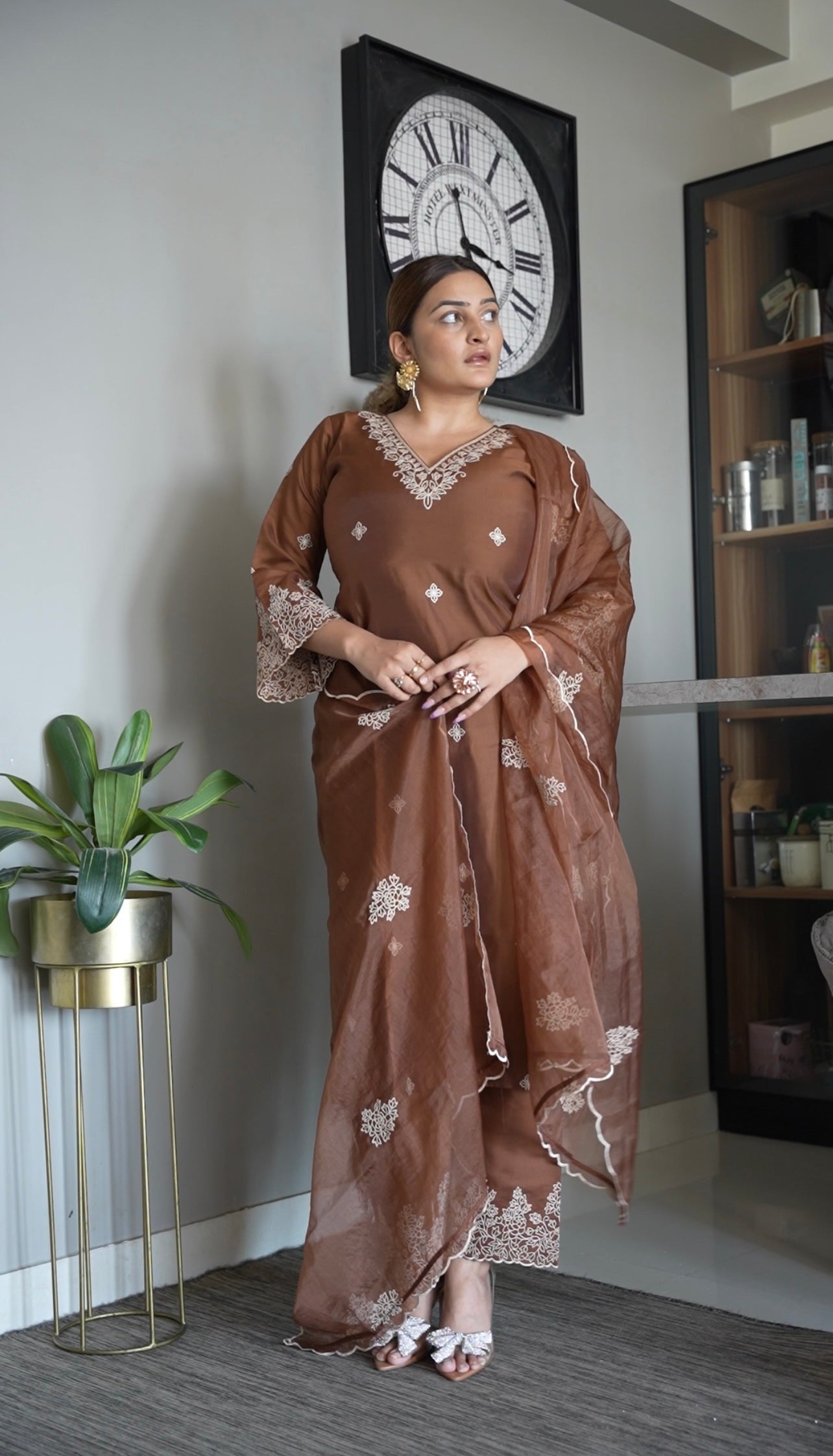 Designer coffee brown ethnic suit for women, featuring a silk blend kurta with elegant embroidery and flared sleeves.