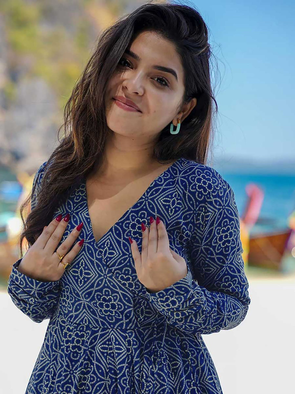 Designer resort wear blue block print anarkali set for women, featuring a long flared kurta, printed palazzo, and matching dupatta, ideal for beach holidays.