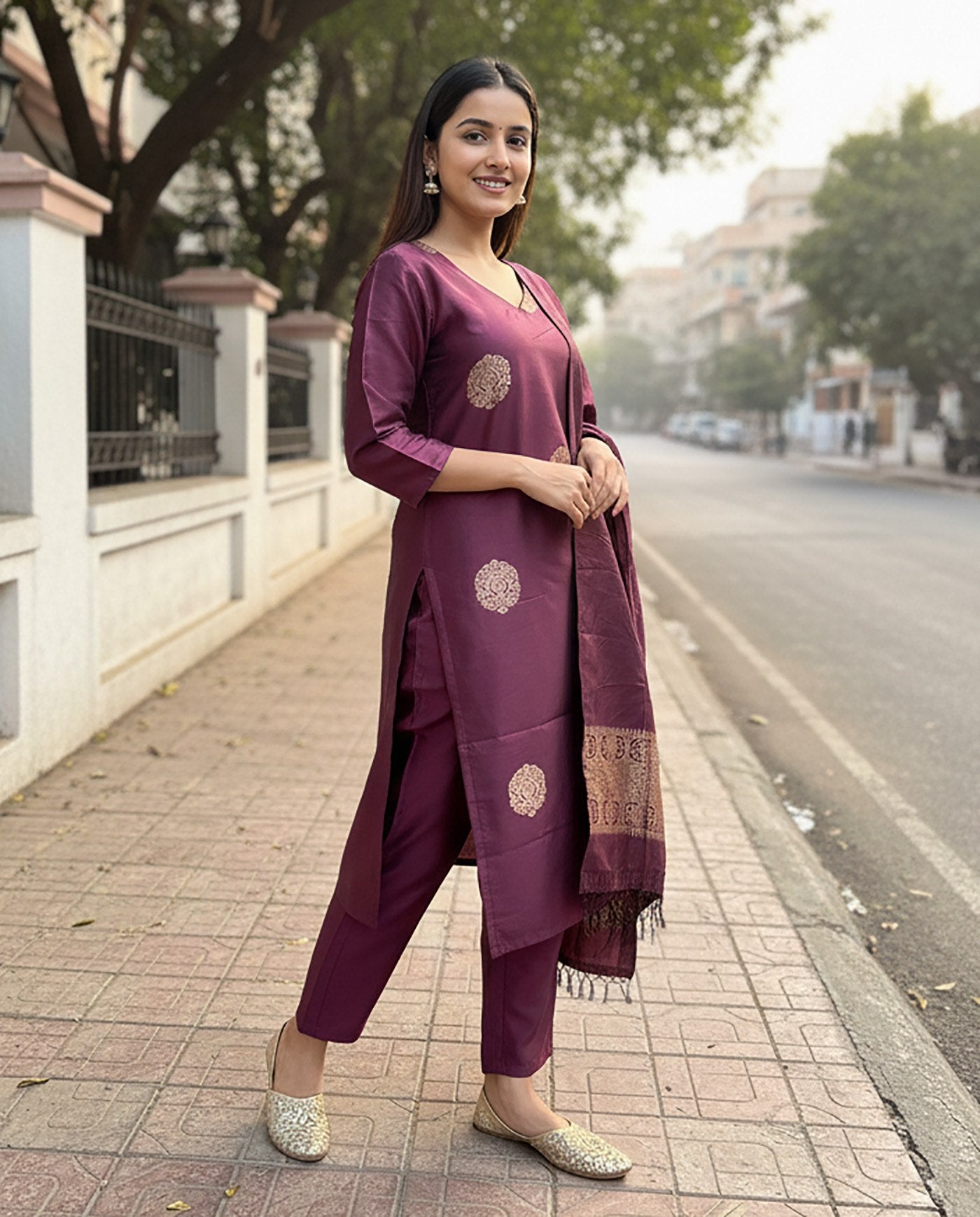 Designer wine purple ethnic suit featuring a silk blend kurta with elegant gold motifs and a coordinating dupatta with Banarasi style border.