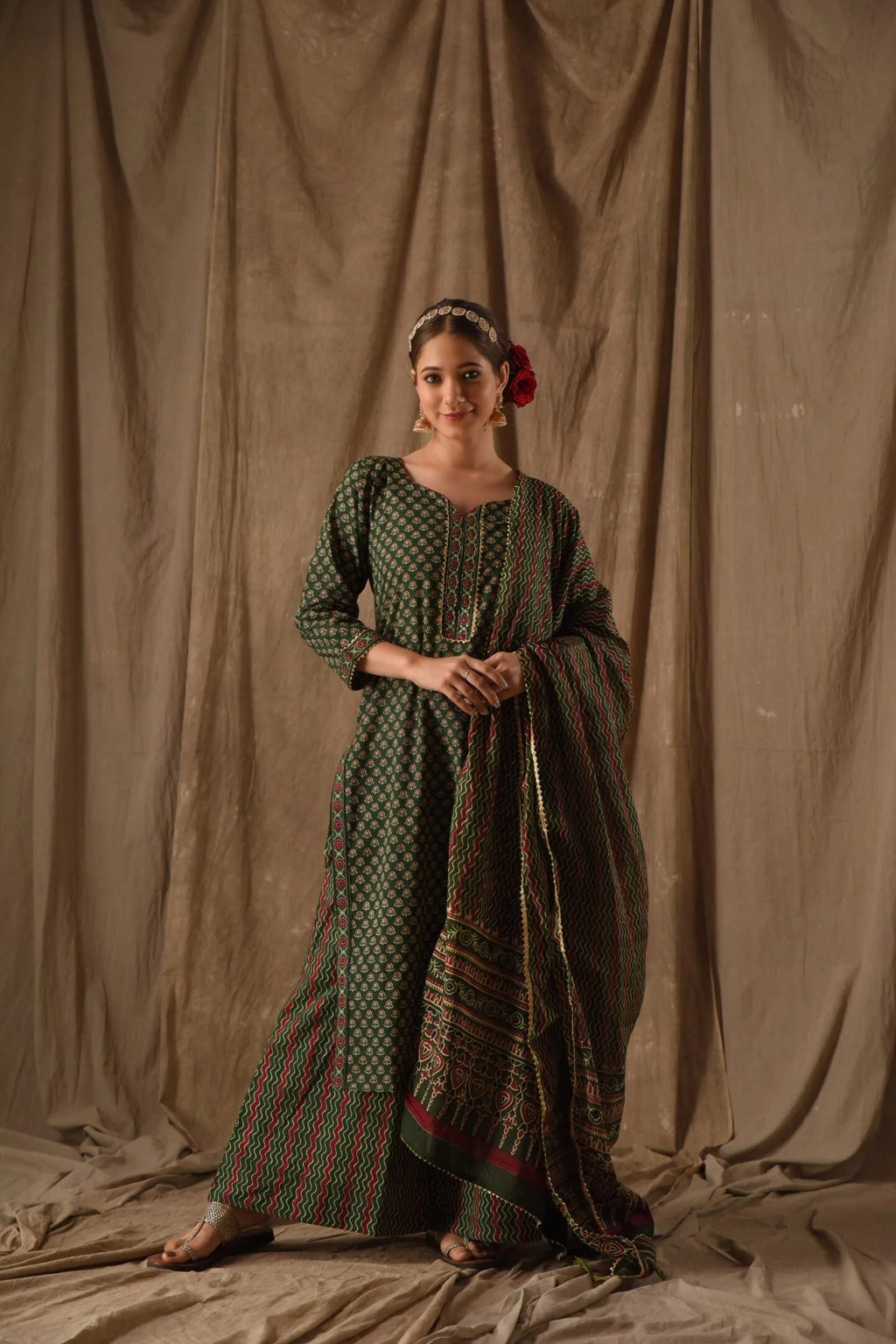 Ethnic green printed anarkali suit with traditional patterns, a long flared kurta, and coordinating dupatta for women. Title Tag: Designer Green Block Print Anarkali