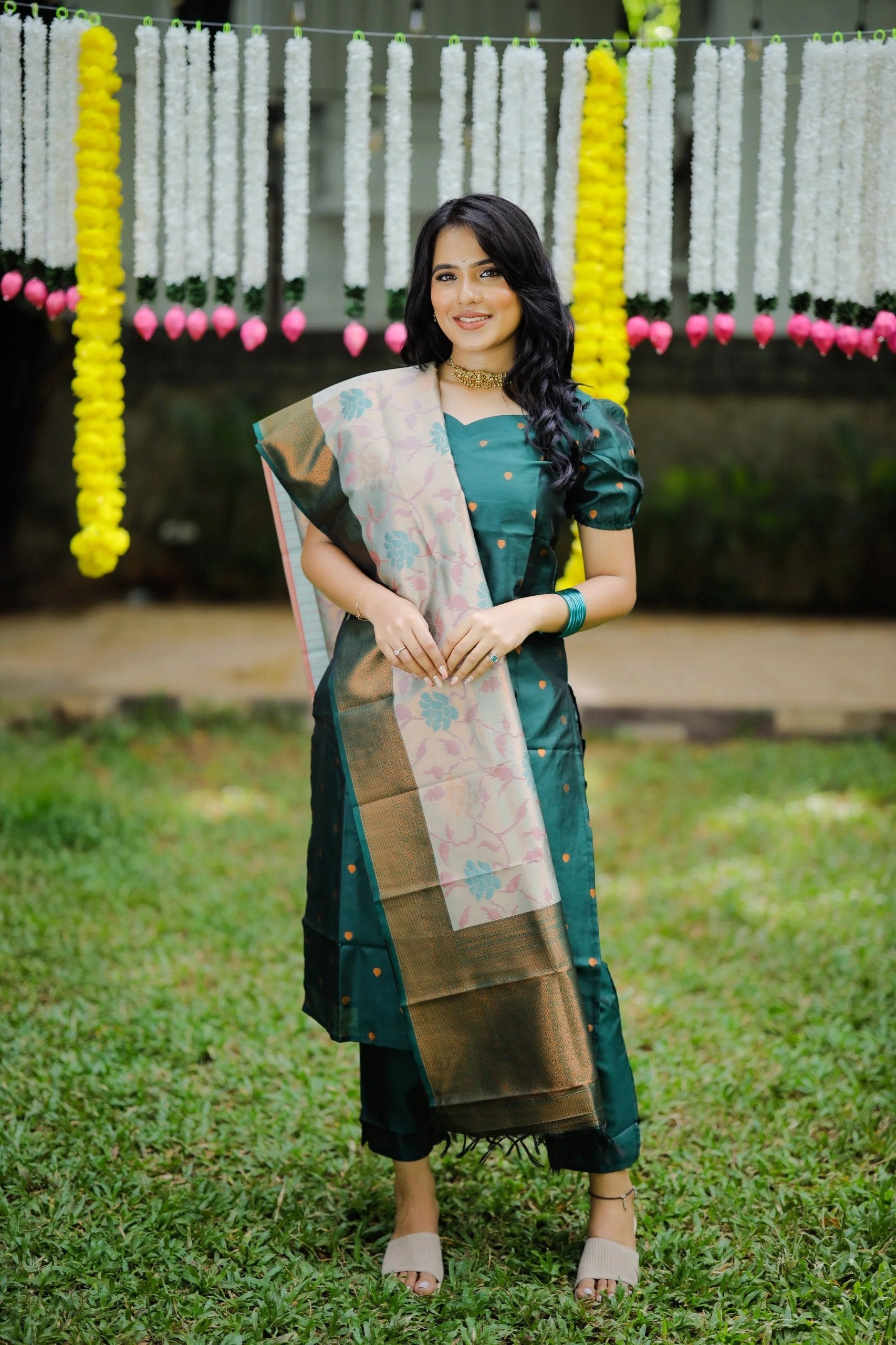 Indian party wear green suit with silk kurta and palazzo, complemented by a gorgeous Banarasi silk blend dupatta.
