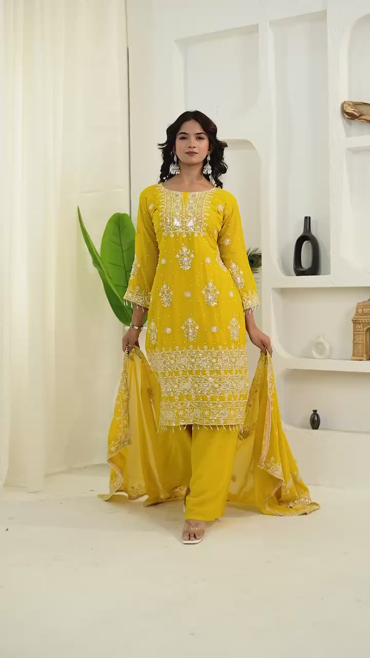 Bright Yellow Georgette Kurta Palazzo Set with Heavy Silver Embroidery