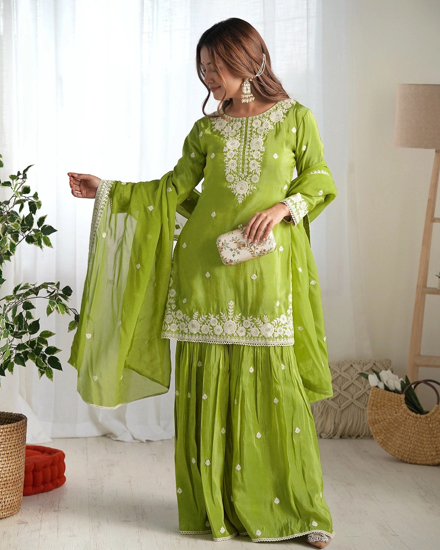 Traditional lime green kurta sharara dupatta set with all-over white thread embroidery and scalloped details on a silk blend fabric.